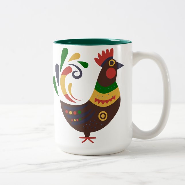 Caneca De Café Em Dois Tons Estilo de Arte Folclórica "Rooster" Personalizado (Direita)