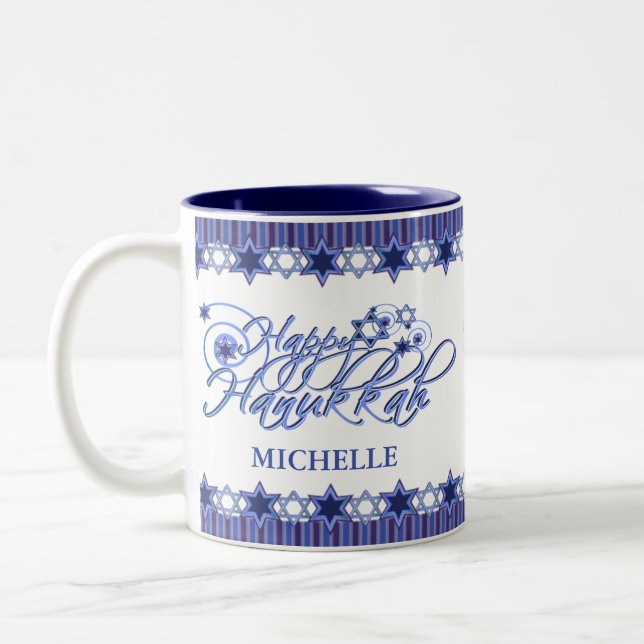 Caneca De Café Em Dois Tons Estrela de Hanukkah Feliz Azul Personalizado (Esquerda)