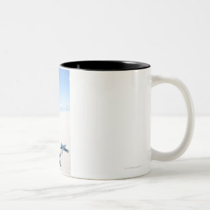 Caneca De Café Em Dois Tons Estrela do mar de dois azuis na borda da água em