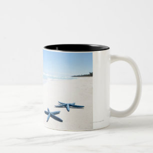 Caneca De Café Em Dois Tons Estrela do mar de dois azuis na borda da água em