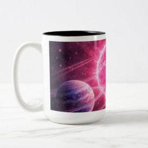 Caneca De Café Em Dois Tons Estrela Rosa com Dois Planetas em Órbita