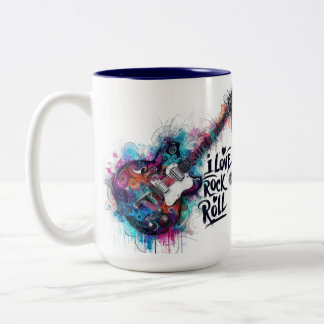 Caneca De Café Em Dois Tons Eu Adoro Rock N Roll Pintura Elétrica De Violão
