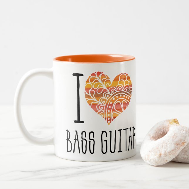 Caneca De Café Em Dois Tons Eu Amo Bass Guitar Orange Mandala Heart (Com Donut)