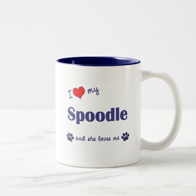Caneca De Café Em Dois Tons Eu amo meu Spoodle (o cão fêmea) (Direita)