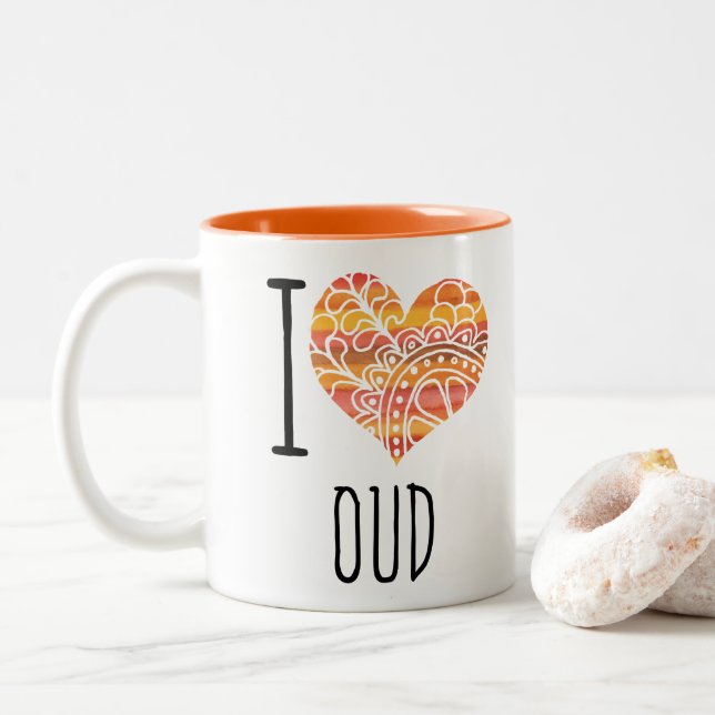 Caneca De Café Em Dois Tons Eu Amo Oud Orange Mandala Heart (Com Donut)