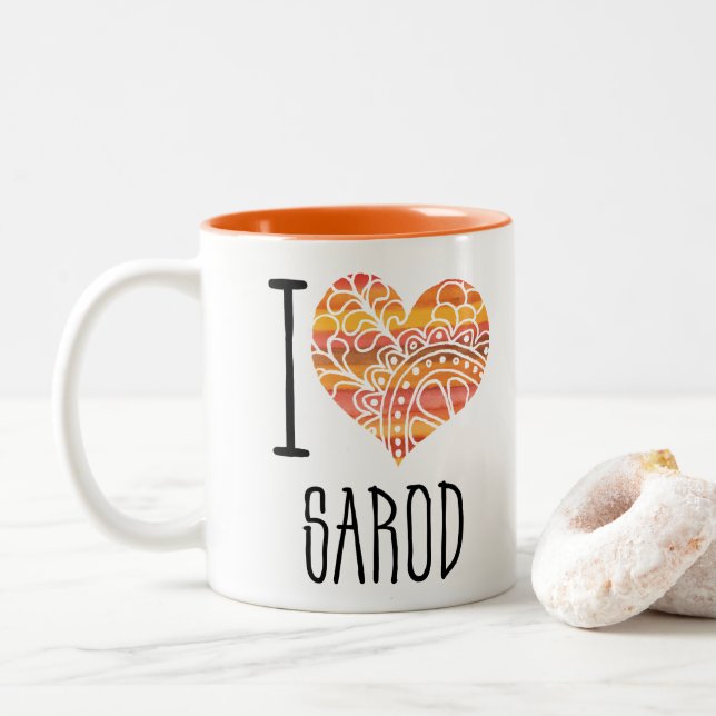 Caneca De Café Em Dois Tons Eu Amo Sarod Orange Mandala Heart (Com Donut)