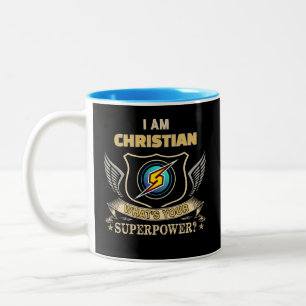 Caneca De Café Em Dois Tons Eu Sou CHRISTIAN Qual é Seu Superpoder