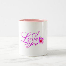 Caneca De Café Em Dois Tons Eu te amo em texto rosa com coração