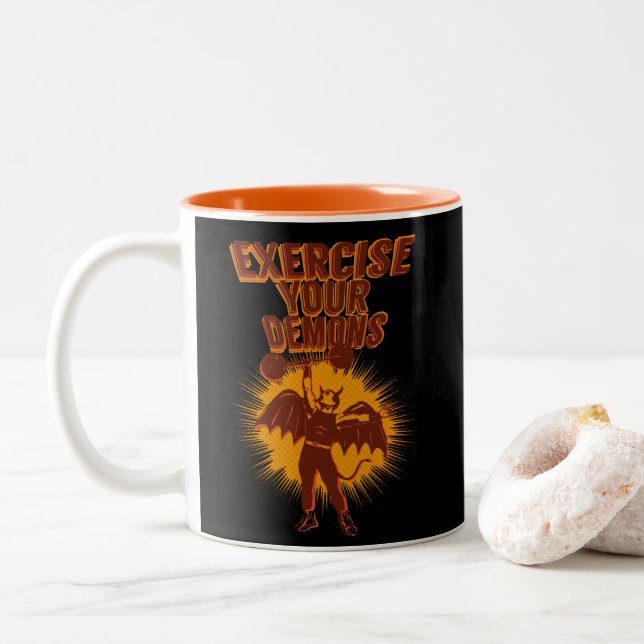 Caneca De Café Em Dois Tons Exercite seus demônios Blk BG (Com Donut)