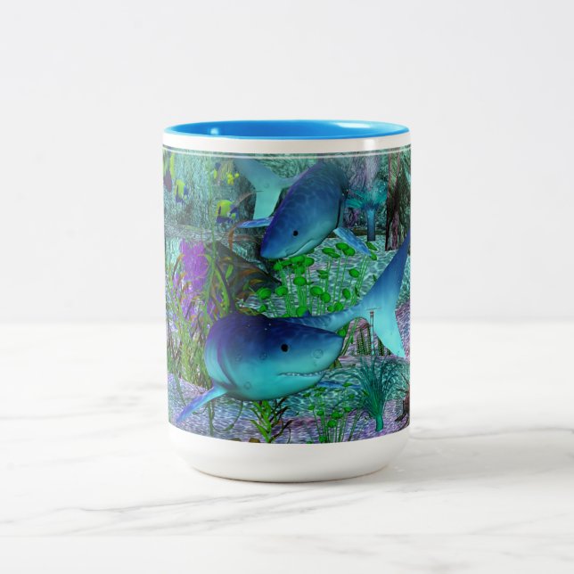 Caneca De Café Em Dois Tons Exploração de Tubarões 3D (Centro)