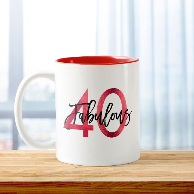 Caneca De Café Em Dois Tons Fabuloso 40º | Moderno Elegante Red Birthday (Criador carregado)