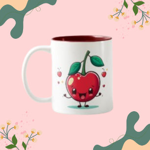 Caneca De Café Em Dois Tons Face de Fruta de cereja, com folhas verdes mínimas