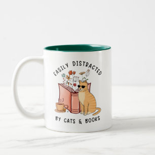 Caneca De Café Em Dois Tons Fácil Distração Por Gatos E Livros