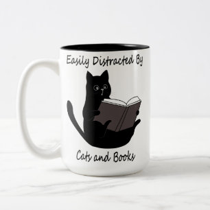 Caneca De Café Em Dois Tons Fácil Distração Por Gatos E Livros, Presente De