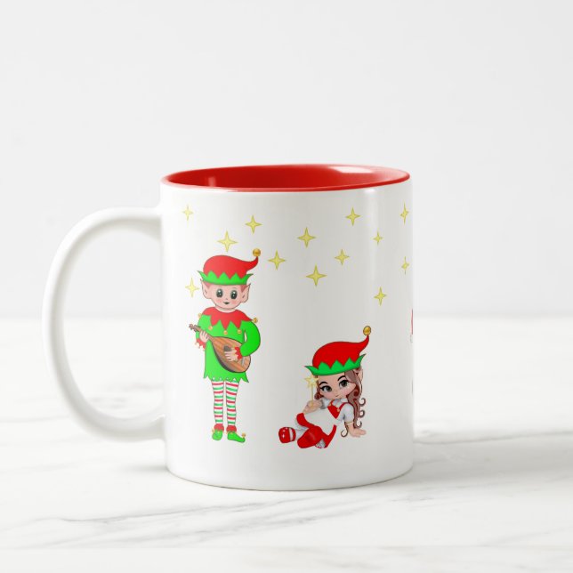 Caneca De Café Em Dois Tons Fada de Natal, Elfo e Estrelas (Esquerda)