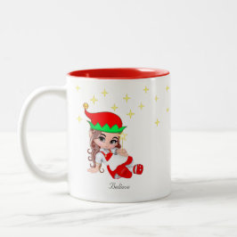 Caneca De Café Em Dois Tons Fada de Natal Vestida de Vermelho & Estrelas