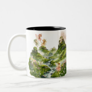 Caneca De Café Em Dois Tons Fadas Mágicas & Colinas Verdes Fantasia em Aquarel