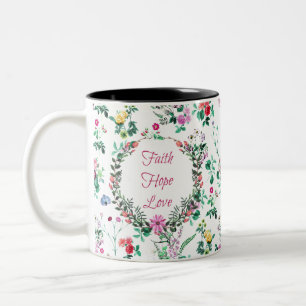 Caneca De Café Em Dois Tons Faith Hope Love   Floral