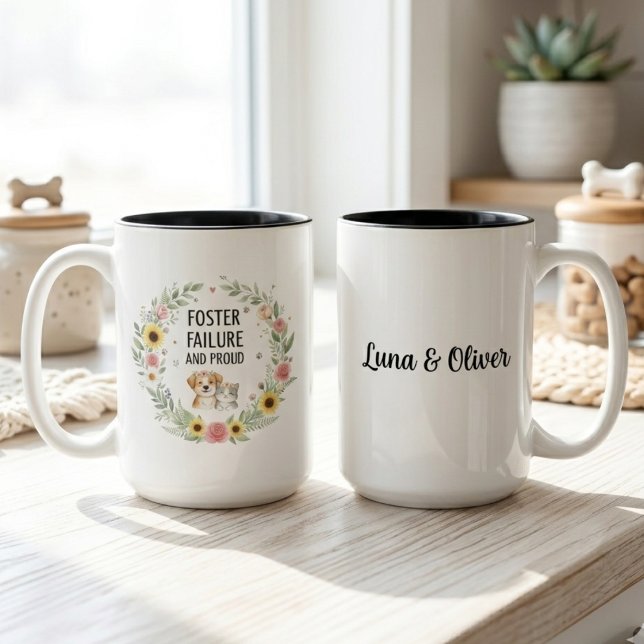 Caneca De Café Em Dois Tons Falha de Adoção e Orgulhosa Coroa Floral de Cachor (Foster failure and proud two-tone mug for the pet parent — a sweet adoption day gift idea.)