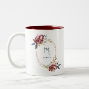 Caneca De Café Em Dois Tons Fall Burgundy Floral e Rosa Dourado Monograma