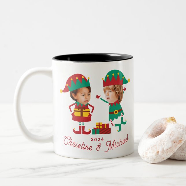 Caneca De Café Em Dois Tons Família Elf de Natal Personalizada e Engraçada (Com Donut)