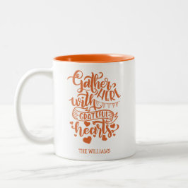 Caneca De Café Em Dois Tons Família Personalizada Nome Orange Ação de Graças