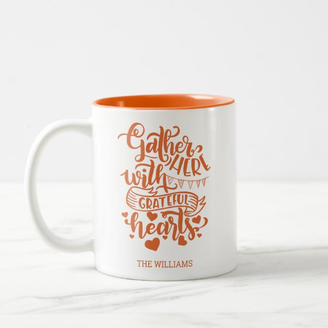 Caneca De Café Em Dois Tons Família Personalizada Nome Orange Ação de Graças (Esquerda)