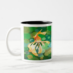 Caneca De Café Em Dois Tons Fantail Goldfish Com Vetor De Bolhas Verdes