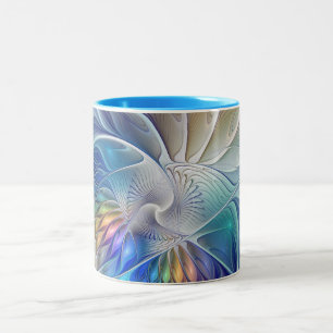 Caneca De Café Em Dois Tons Fantasia Floral, Flor Abstracta Colorida Fractal