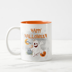 Caneca De Café Em Dois Tons Fantasma de Aquarela de Halloween Assustador Fofo