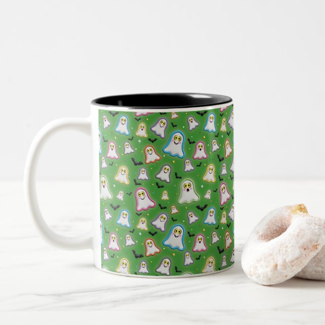 Caneca De Café Em Dois Tons Fantasma de Halloween, Morcegos, Estrela, Confetes (Com Donut)