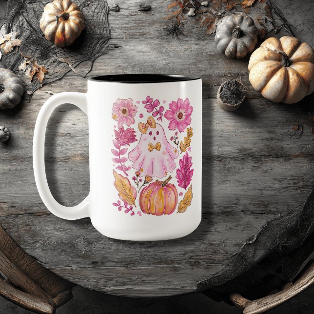Caneca De Café Em Dois Tons Fantasma de Halloween Rosa Pastel (Criador carregado)
