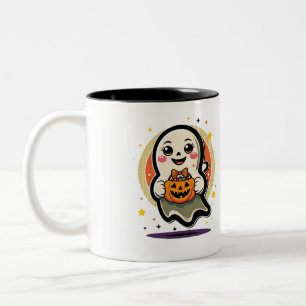 Caneca De Café Em Dois Tons Fantasma Fofo Segurando Balde de Doces de Abóbora