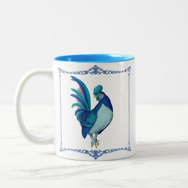 Caneca De Café Em Dois Tons Farmhouse em França Rooster Azul Teto Rosa (Esquerda)