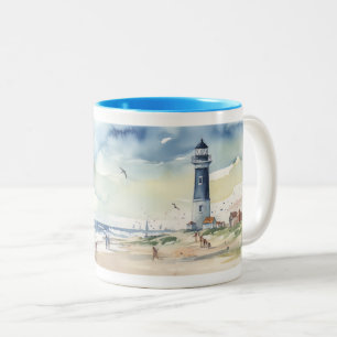 Caneca De Café Em Dois Tons Farol de Aquarela no Verão
