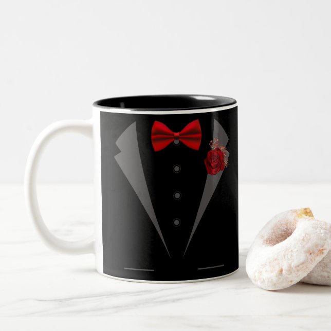 Caneca De Café Em Dois Tons Faux Tuxedo Suit com Arco Vermelho (Com Donut)
