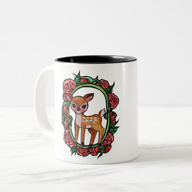 Caneca De Café Em Dois Tons Fawn Deer Rosa vermelha (Frente Esquerda)