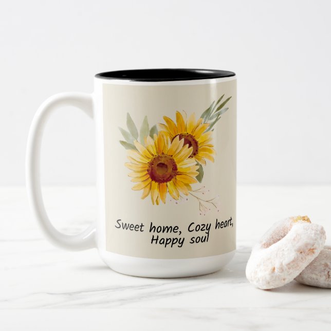 Caneca De Café Em Dois Tons Felicidade Alma e Coração Louco (Com Donut)
