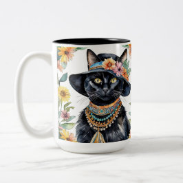 Caneca De Café Em Dois Tons Felino com Flores de 15 oz