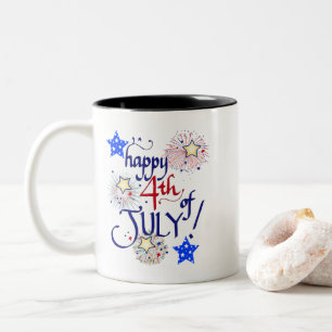 Caneca De Café Em Dois Tons Feliz 4 de julho! com fogos de artifício e estrela