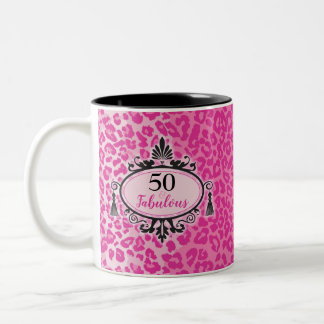 Caneca De Café Em Dois Tons Feliz 50º Aniversário, Leopardo Rosa 50 e Fabuloso