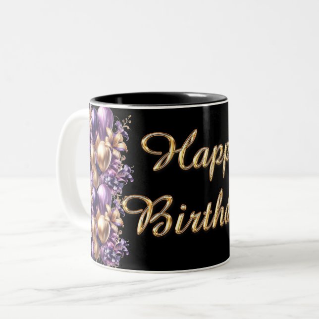 Caneca De Café Em Dois Tons Feliz Aniversário Preto e Roxo (Frente Esquerda)