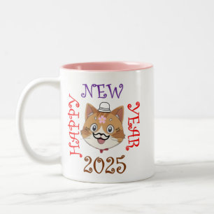 Caneca De Café Em Dois Tons Feliz ano novo 2025 com um gato alegre