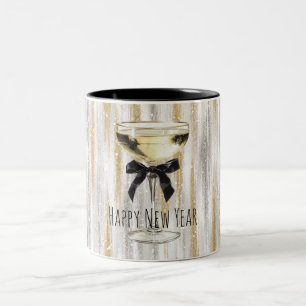 Caneca De Café Em Dois Tons Feliz Ano Novo Arco Preto Dourado Prata Champanhe