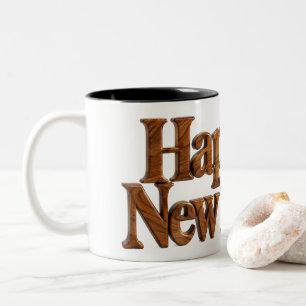 Caneca De Café Em Dois Tons Feliz Ano Novo Madeira Talhada