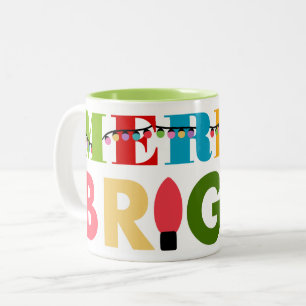 Caneca De Café Em Dois Tons Feliz Colorida Festiva e Luzes de Natal Brilhantes