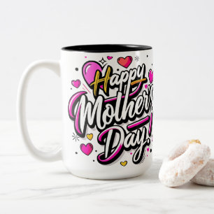 Caneca De Café Em Dois Tons Feliz Dia das Mães Neon Corações Rosa - Diversão M