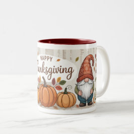 Caneca De Café Em Dois Tons Feliz Dia de Ação de Graças Gnomos e Pumpkins outo