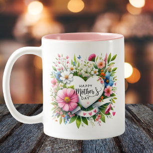 Caneca De Café Em Dois Tons Feliz dia de as mães Coração Floral