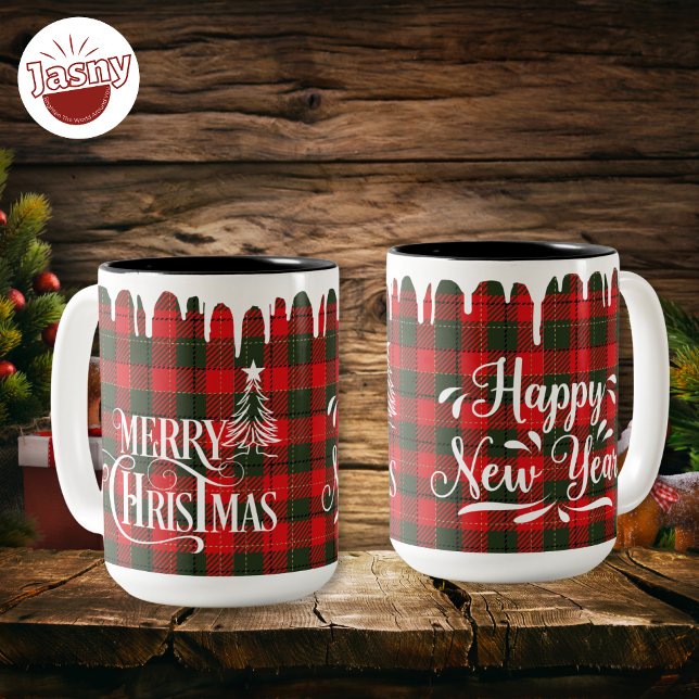 Caneca De Café Em Dois Tons Feliz Feliz ano novo de Natal Flannel (Criador carregado)